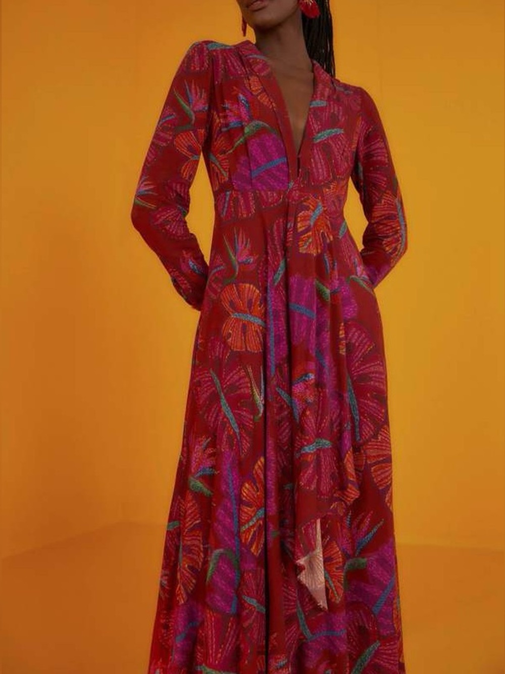 Farm Rio Red Delicate Leaves Maxi Dress